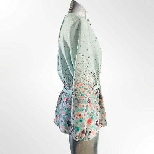 Vintage Mint Green Floral Ombre Tie Neck Long Sleeve Peplum Blouse with Belt