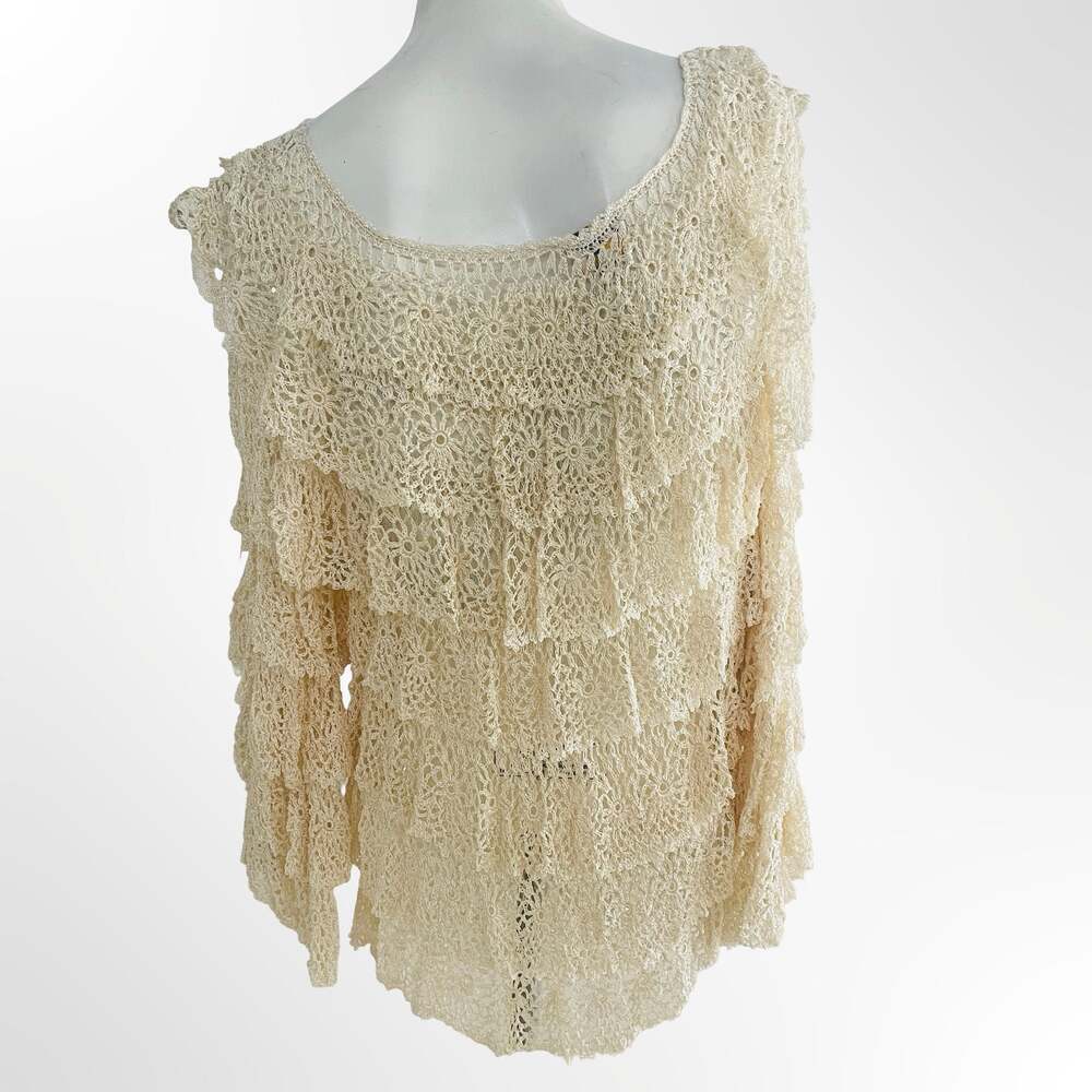 Vintage Rose Cream Hand Made Crochet Lace Ruffled Long Sleeve Top Size L