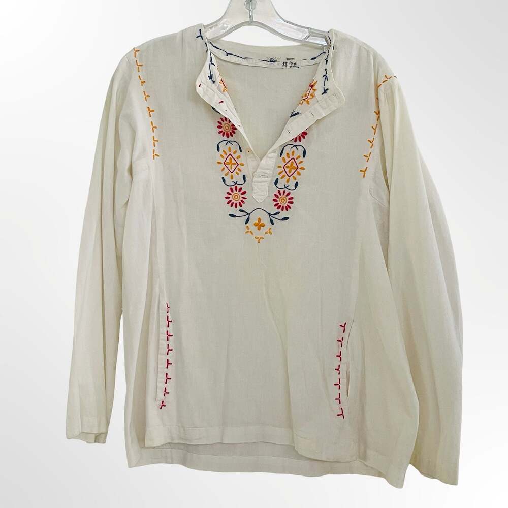 Vintage 1970s White Cotton Gauze Floral Embroidered Peasant Boho Tunic Blouse