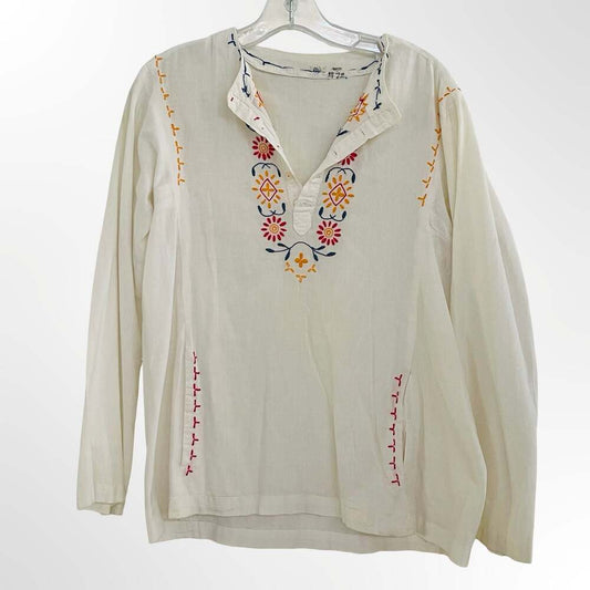 Vintage 1970s White Cotton Gauze Floral Embroidered Peasant Boho Tunic Blouse