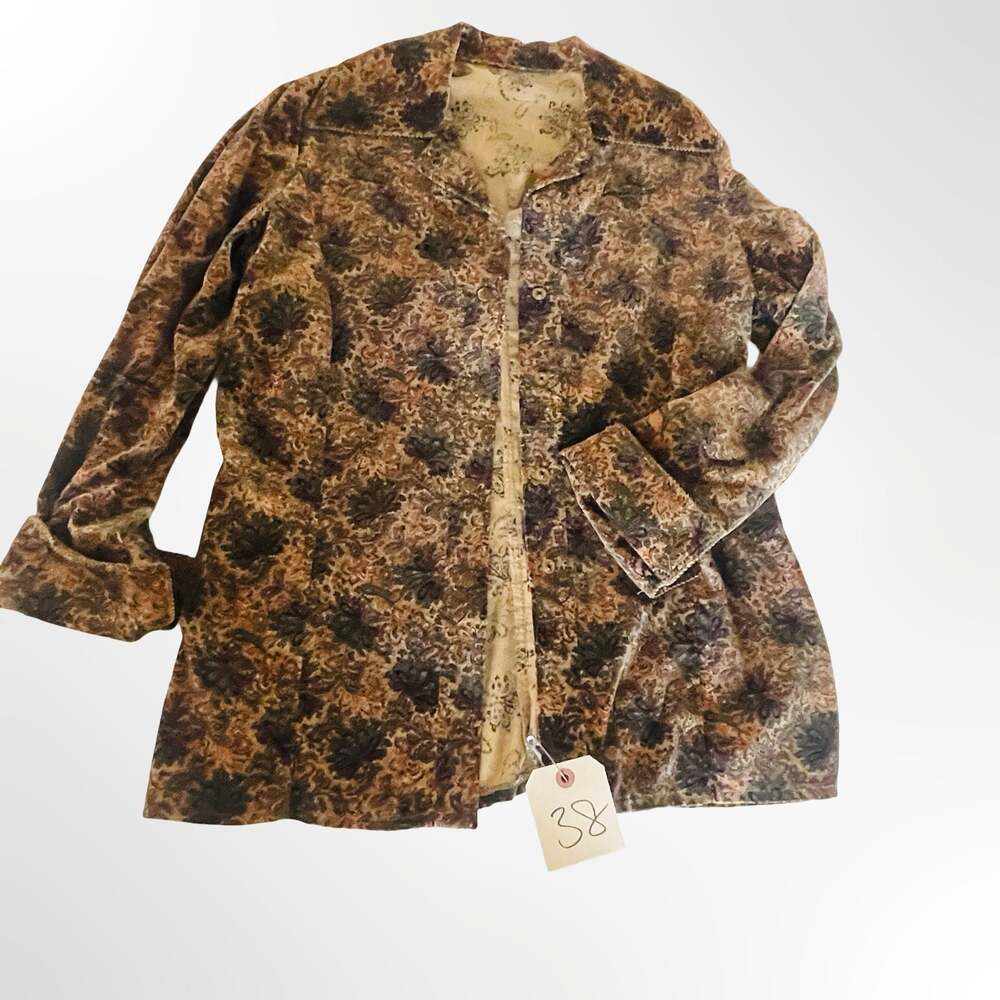 Vintage Floral Paisley Print Long Sleeve Button Down Shirt with Beaded Trim