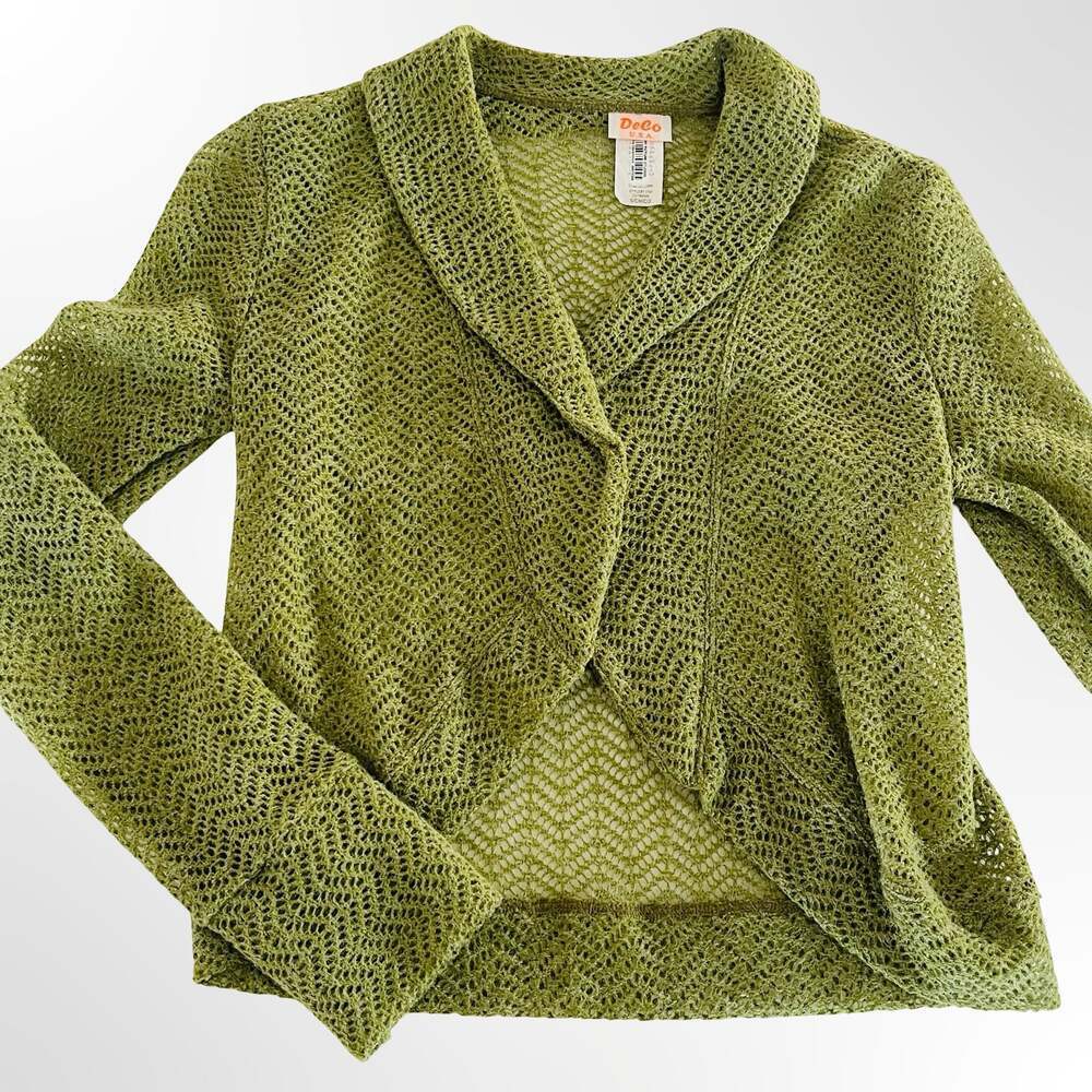 DeCo U.S.A. Olive Green Open Knit Crochet Style Cardigan