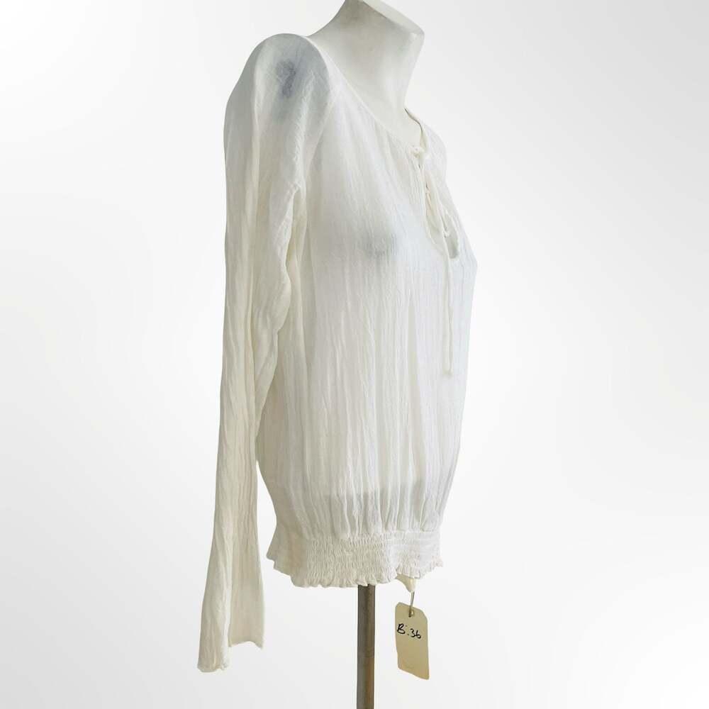 Grassroots White 100% Cotton Gauze Peasant Blouse Long Sleeve Tie Neck