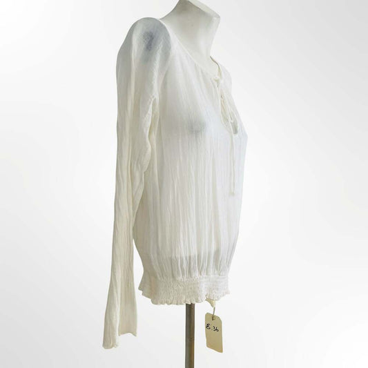 Grassroots White 100% Cotton Gauze Peasant Blouse Long Sleeve Tie Neck