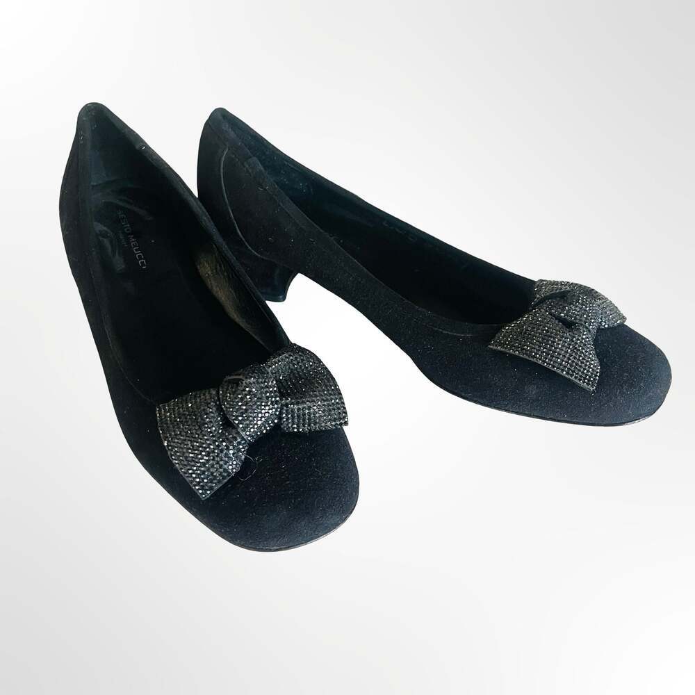 Sesto Meucci Firenze Black Suede Block Heel Pumps with Crystal Bow Detail
