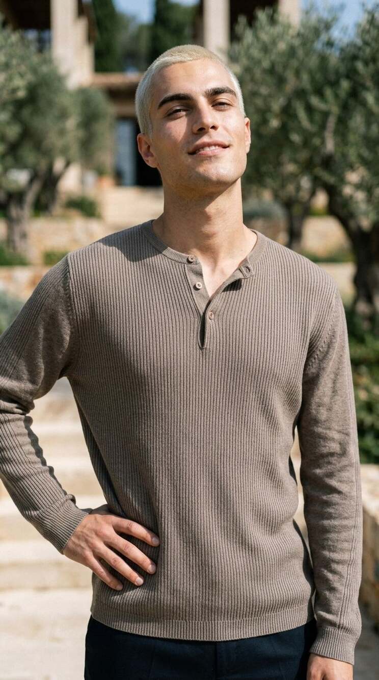 Perry Ellis Men's Brown Ribbed Knit Cotton Modal Long Sleeve Henley Sweater Size