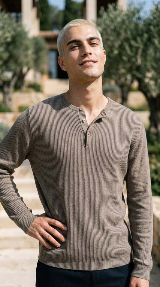 Perry Ellis Men's Brown Ribbed Knit Cotton Modal Long Sleeve Henley Sweater Size