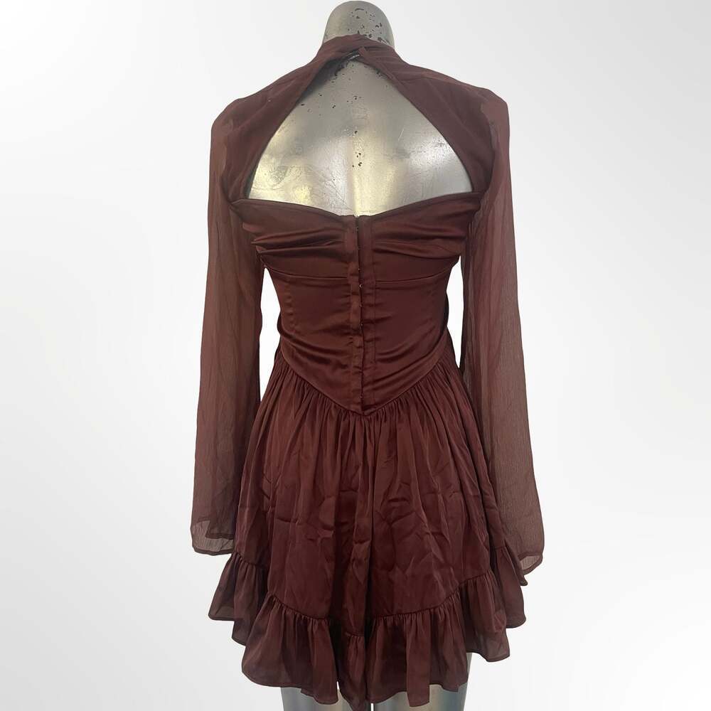ASOS DESIGN Women's Brown Long Sleeve Mini Skater Dress with Frill Hem