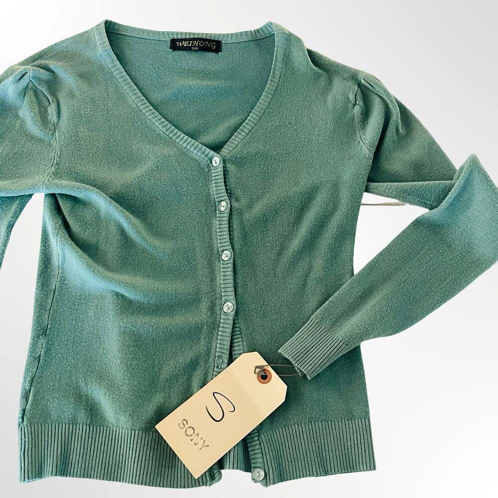 Weihong Green V-Neck Button-Up Knit Cardigan Sweater Size S/M