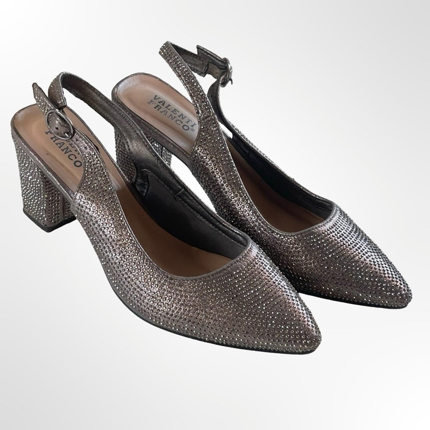 Valenti Franco Silver Rhinestone Slingback Block Heels - 7.5