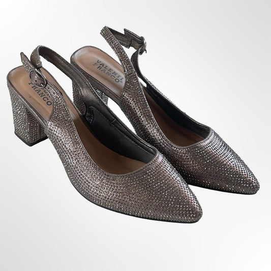 Valenti Franco Silver Rhinestone Slingback Block Heels - 7.5