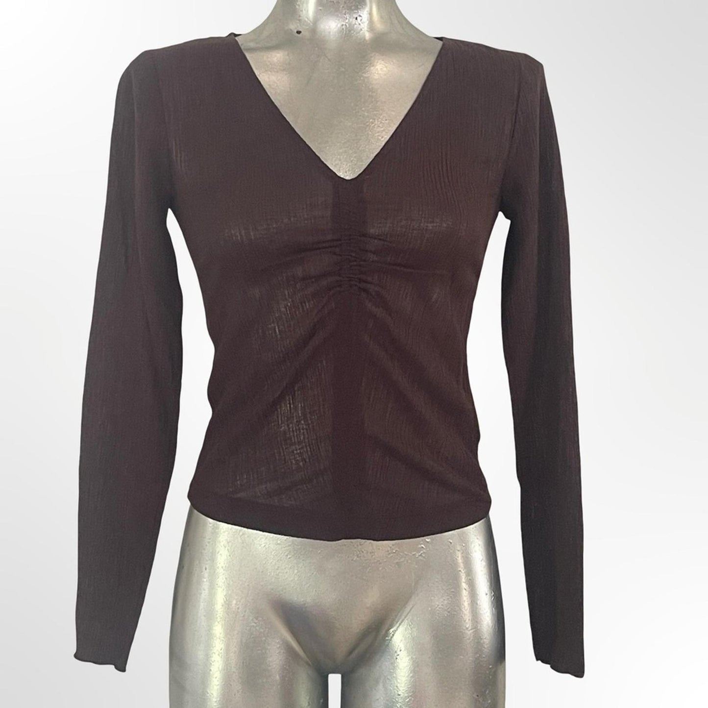 Madewell Brown Long Sleeve V-Neck Ruched Front Top