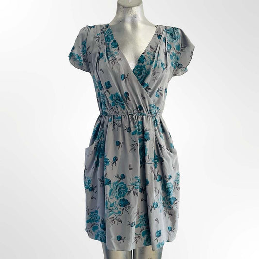 Rebecca Taylor Gray Blue Floral 100% Silk Bellamy Mini Dress V-Neck with Pockets