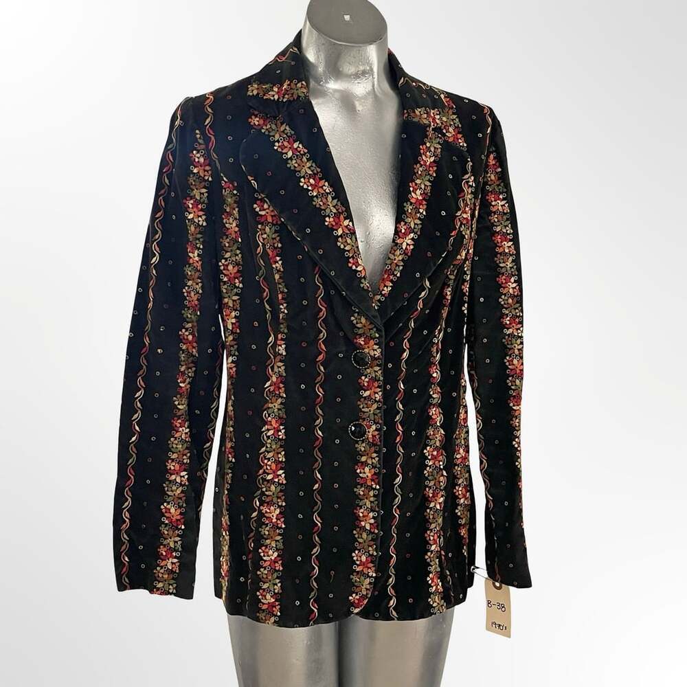 Vintage Black Velvet Floral Embroidered Sequin Blazer Jacket