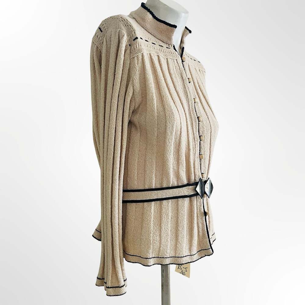 Cream Ribbed Knit Cardigan Sweater with Contrast Trim and Belt
