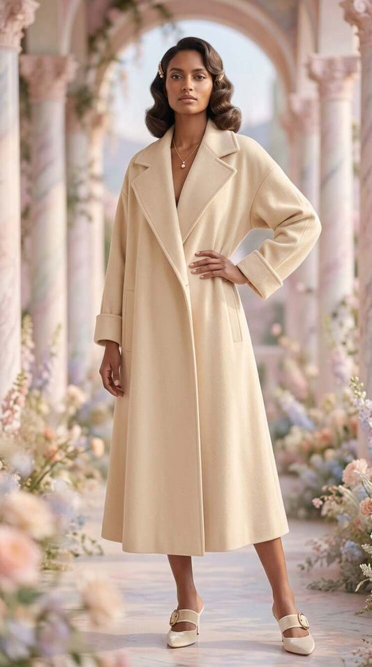 Vintage Cream Wool Long Overcoat with Lapel Collar and Cuffed Sleeves