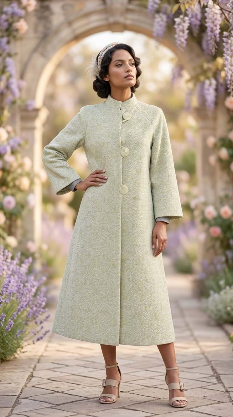 Vintage 1960s Green and Gold Paisley Brocade Long Coat with Stand Collar