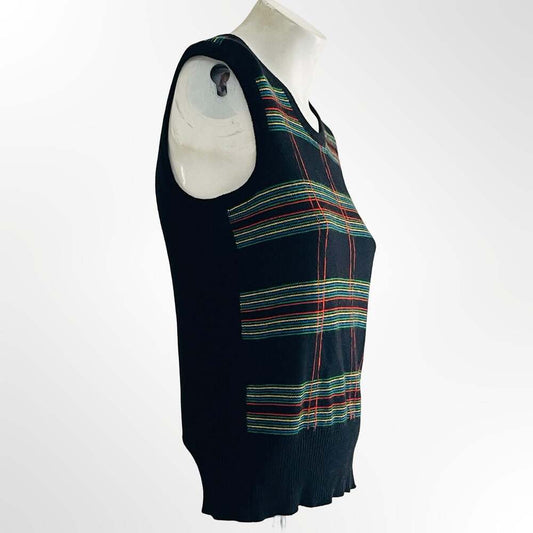 Vintage Plaid Knit Sweater Vest Navy Blue Multicolor Acrylic Wool Crewneck Sleev