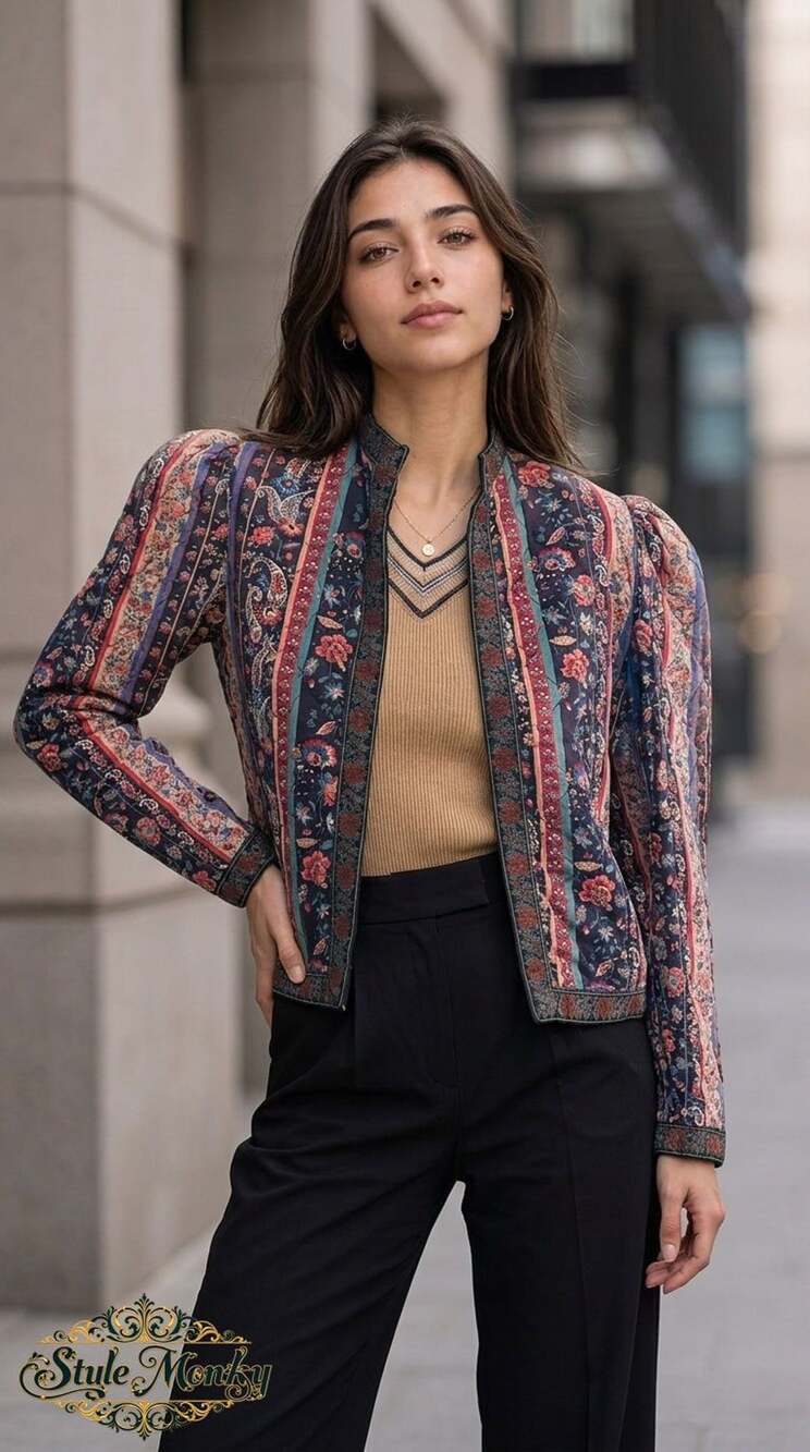 Vintage Floral Quilted Open Front Jacket