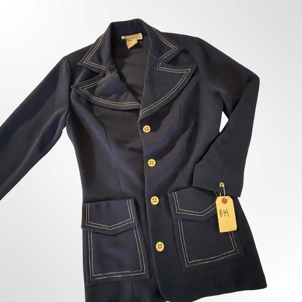 Vintage 1970s First Edition Dallas Blue Contrast Stitch Blazer Jacket Size 10