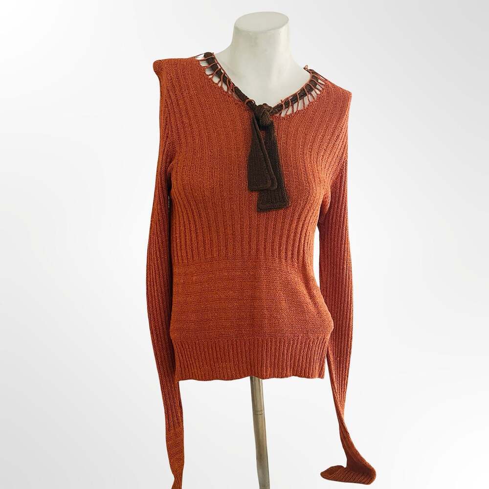 Vintage Textured Ribbed Orange Sweater with Brown Macrame Neck Tie