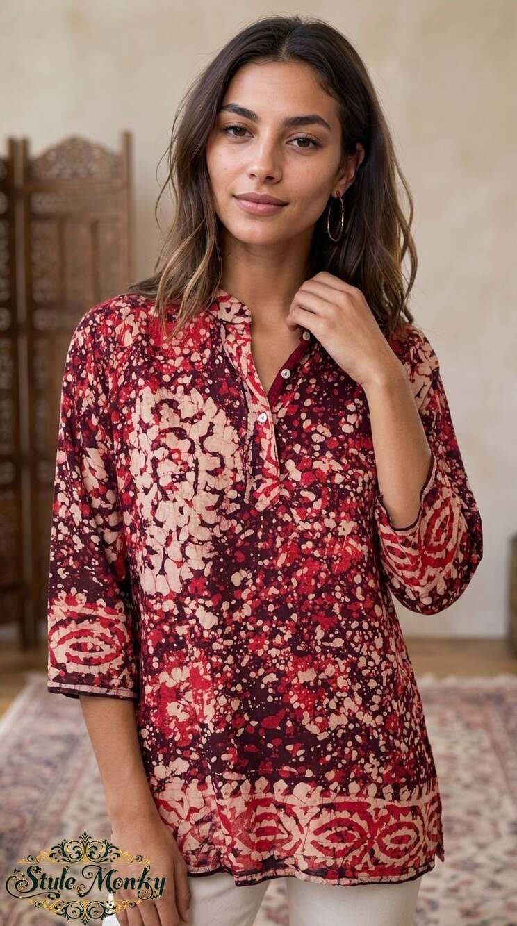 Vintage Hand Crafted Red Burgundy Batik Printed 100% Cotton Tunic Top Blouse