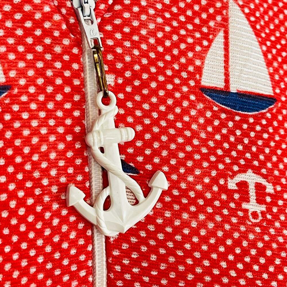 Vintage 1960s-70s Halifax Crimson Red Sailboat Anchor Print Zip Front Dress