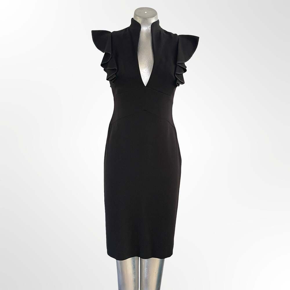 Black Halo Women's Black V-Neck Ruffle Sleeve Sheath Midi Dress
