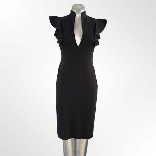 Black Halo Women's Black V-Neck Ruffle Sleeve Sheath Midi Dress