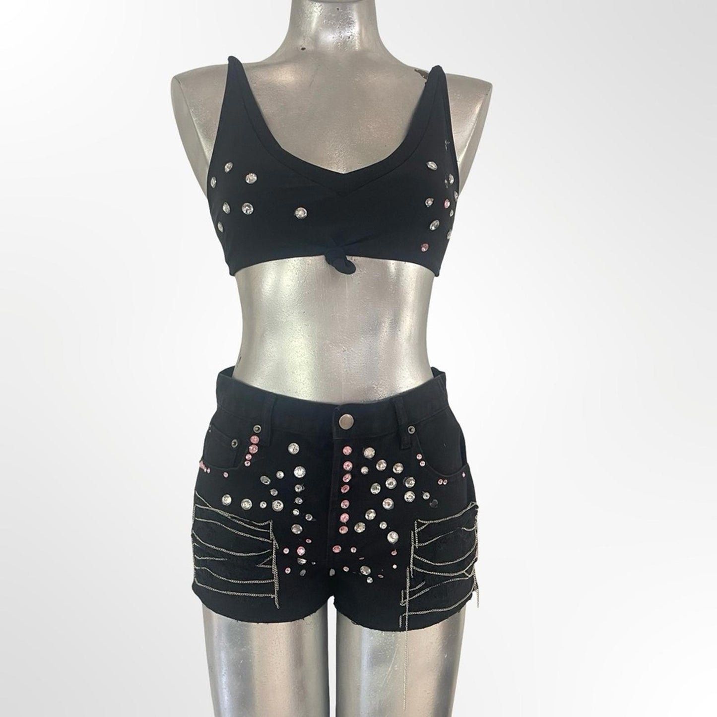 Forever 21 Black Rhinestone & Studded Denim Shorts & Top