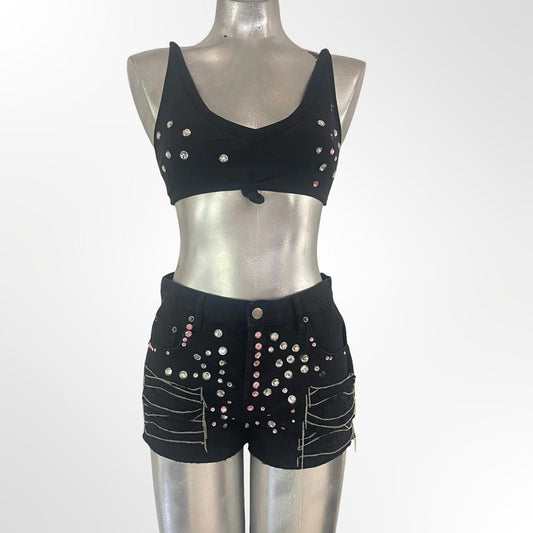 Forever 21 Black Rhinestone & Studded Denim Shorts & Top