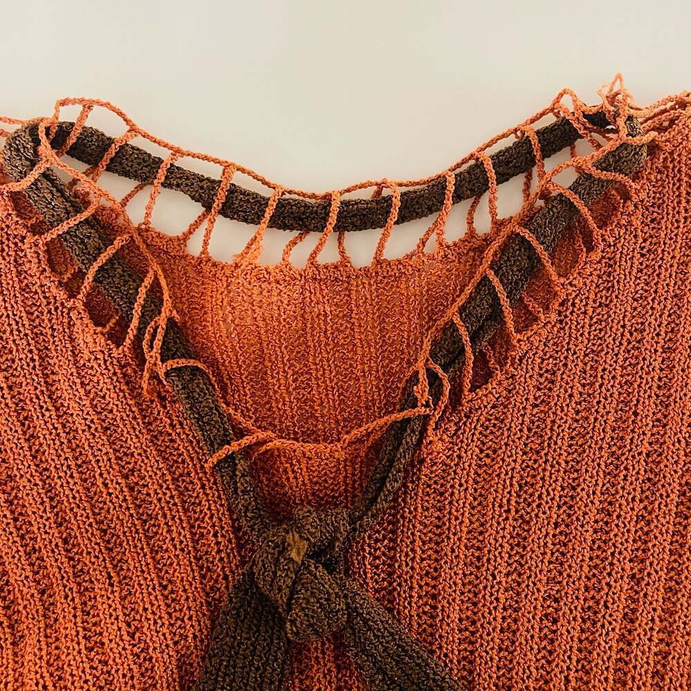Vintage Textured Ribbed Orange Sweater with Brown Macrame Neck Tie