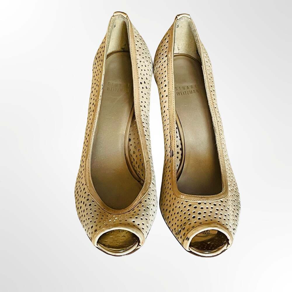 Stuart Weitzman Women's Beige Perforated Leather Peep-Toe Wedge Pumps