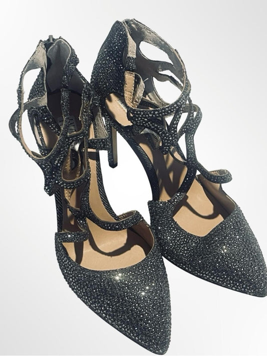 INC International Concepts Black Crystal Strappy Pointed-Toe Stilettos