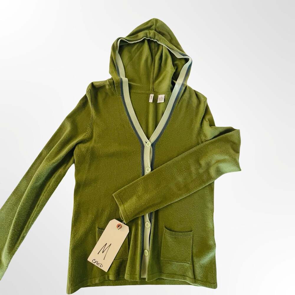 Moth Green Hooded Button-Front Cardigan Sweater with Contrast Trim Size M