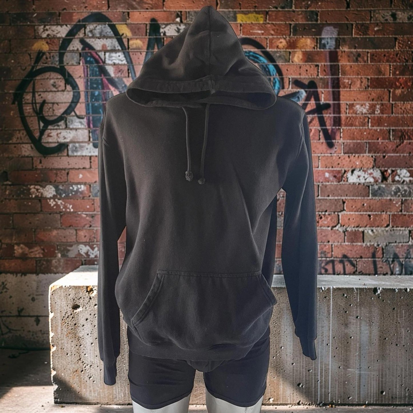 Thick Black Hoodie with Drawstring in Size Medium