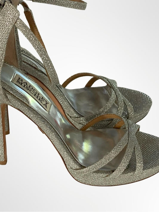 Badgley Mischka Silver Glitter Strappy Heels in size 5