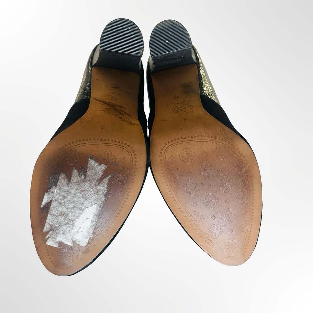 Isola Black Suede and Snakeskin Embossed Leather Mary Jane Block Heel Pumps