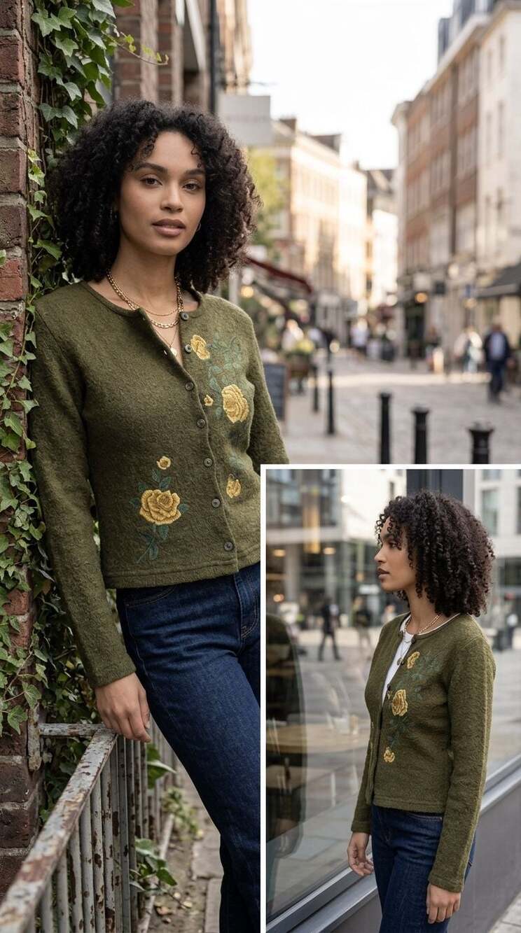 Cament Vintage Green Floral Embroidered Button Front Cardigan Sweater XS
