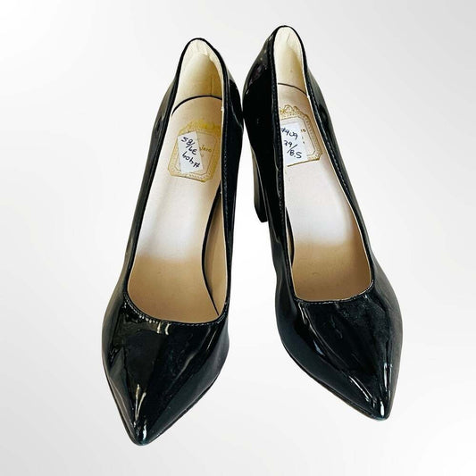 Sinnjato Black Patent Leather Pointed Toe Block Heel Pumps
