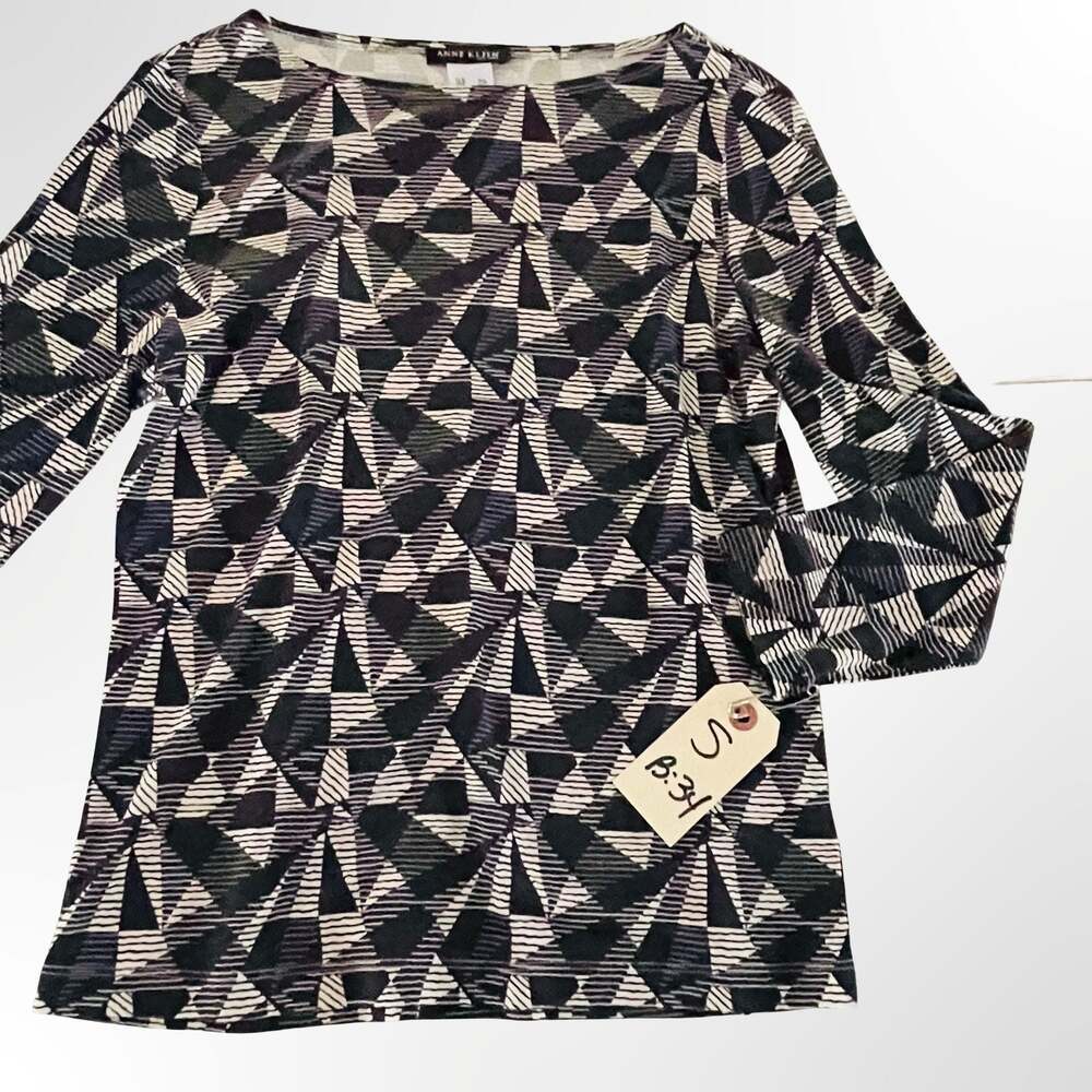 Anne Klein New York 100% Silk Geometric Print Long Sleeve Top Size P/S