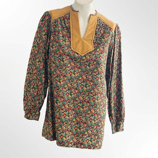 Vintage Floral Print Long Sleeve Tunic Top with Corduroy Yoke and Trim