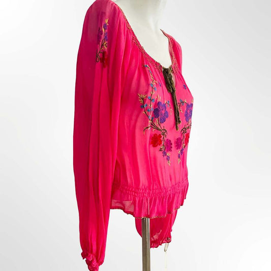 Johnny Was Pink Embroidered Floral Bohemian Tunic Top Size S
