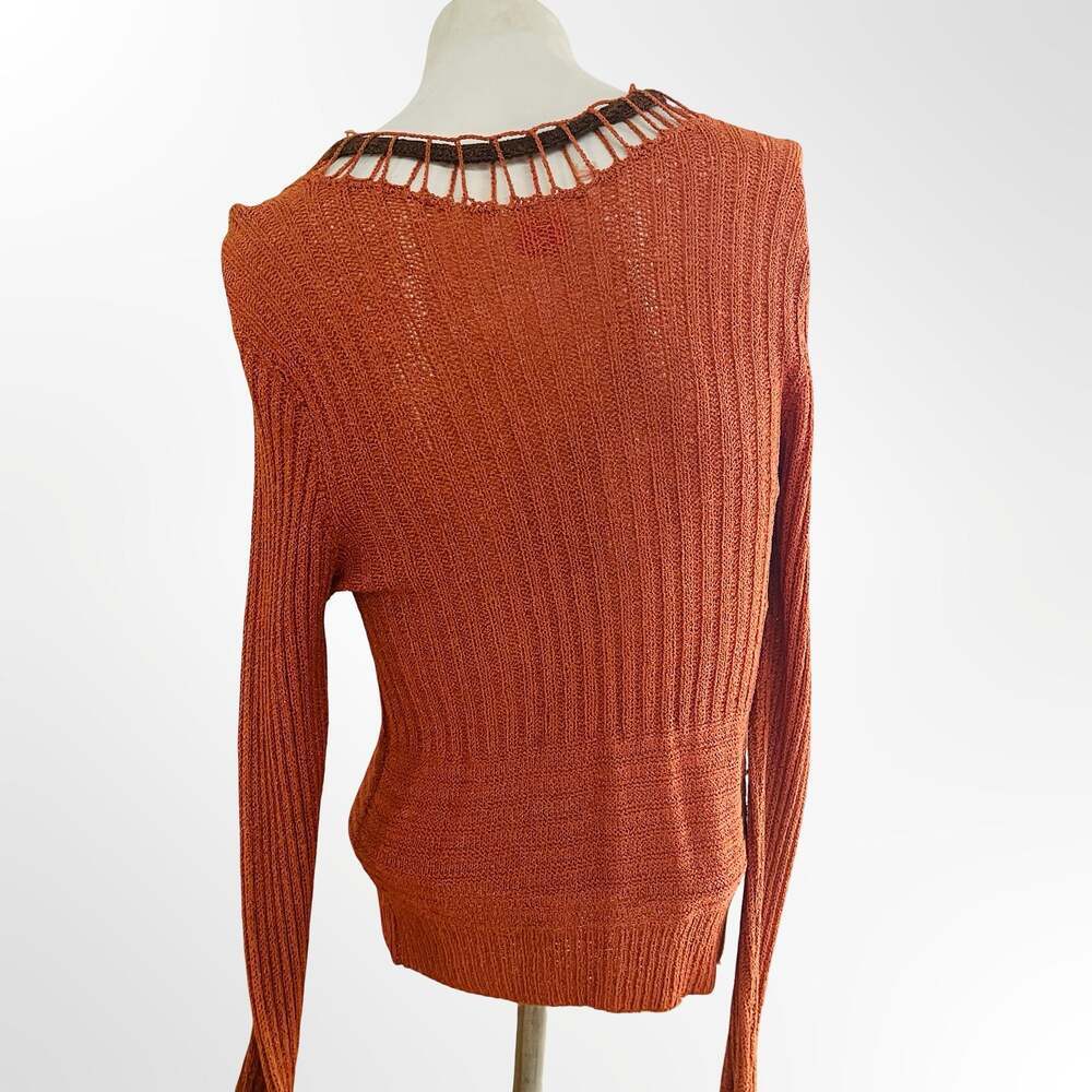 Vintage Textured Ribbed Orange Sweater with Brown Macrame Neck Tie