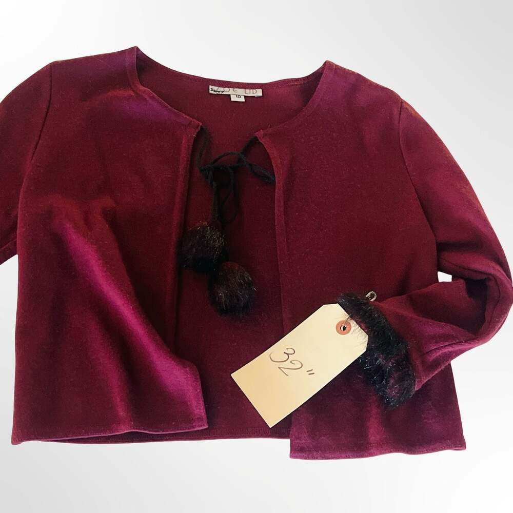 Zoe LTD Size 10 Burgundy Wool Cardigan Jacket with Faux Fur Cuffs and Pompoms