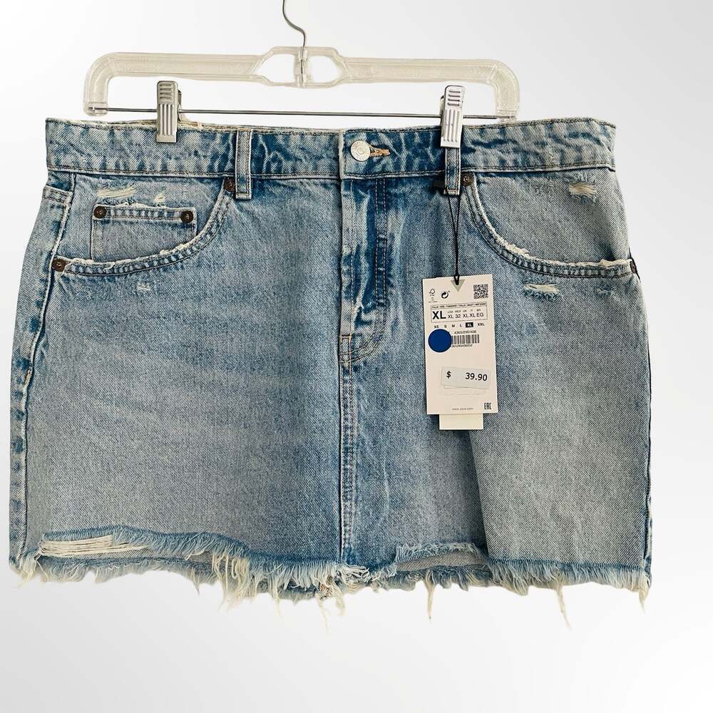 Zara TRF Distressed Raw Hem Denim Mini Skirt