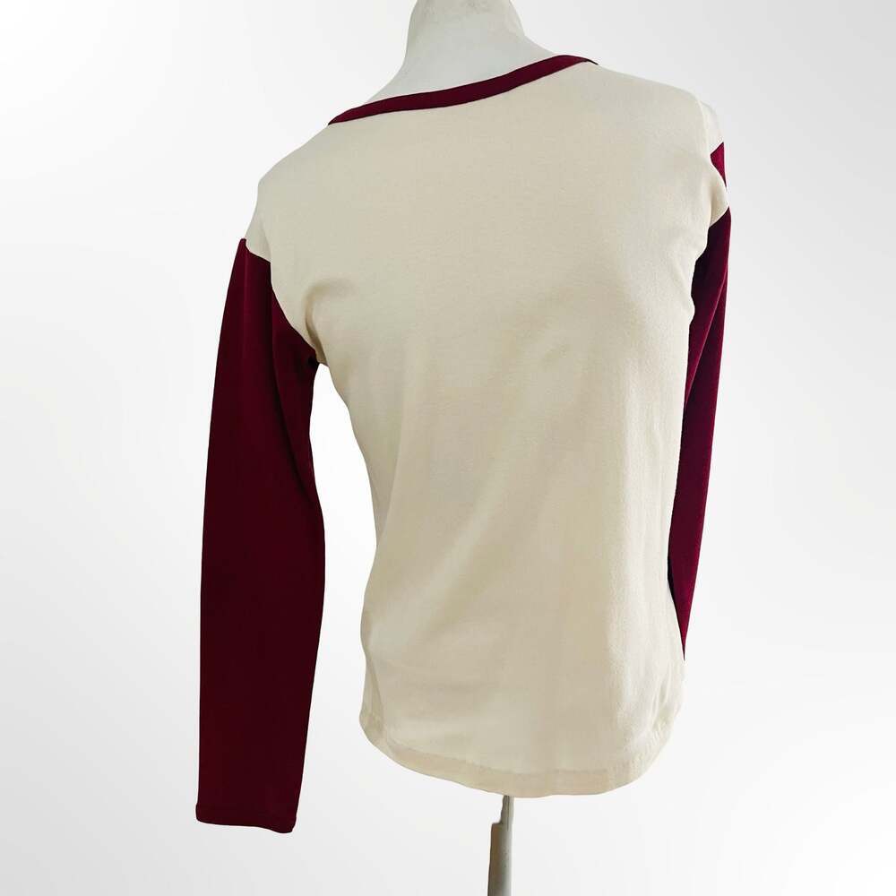 Vintage Floral Embroidered Off-White and Burgundy Raglan Long Sleeve Top