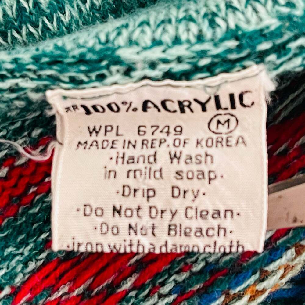 Vintage Aztec V-Neck Pullover Sweater Teal Size M