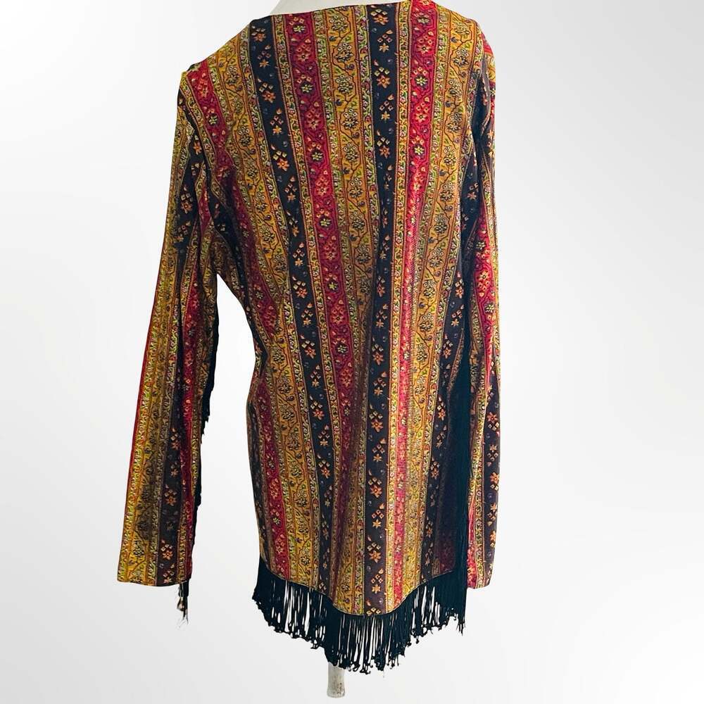 Vintage Boho Floral Long Sleeve Tunic Top with Fringe Hem