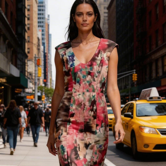Black Halo Coral and Multicolor Abstract Midi Dress - size 2